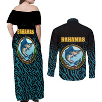 Bahamas Coat of Arms and Flag Couples Matching Off Shoulder Maxi Dress and Long Sleeve Button Shirt with Blue Coral Pattern and Marlin Crest - Wonder Print Shop