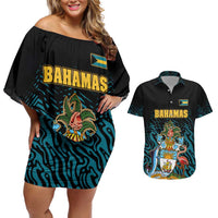 Bahamas Coat of Arms and Flag Couples Matching Off Shoulder Short Dress and Hawaiian Shirt with Blue Coral Pattern and Marlin Crest - Wonder Print Shop
