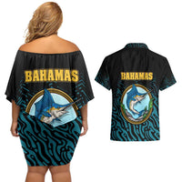 Bahamas Coat of Arms and Flag Couples Matching Off Shoulder Short Dress and Hawaiian Shirt with Blue Coral Pattern and Marlin Crest - Wonder Print Shop