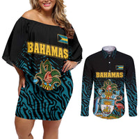 Bahamas Coat of Arms and Flag Couples Matching Off Shoulder Short Dress and Long Sleeve Button Shirt with Blue Coral Pattern and Marlin Crest - Wonder Print Shop