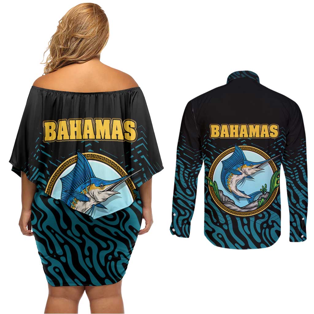 Bahamas Coat of Arms and Flag Couples Matching Off Shoulder Short Dress and Long Sleeve Button Shirt with Blue Coral Pattern and Marlin Crest - Wonder Print Shop