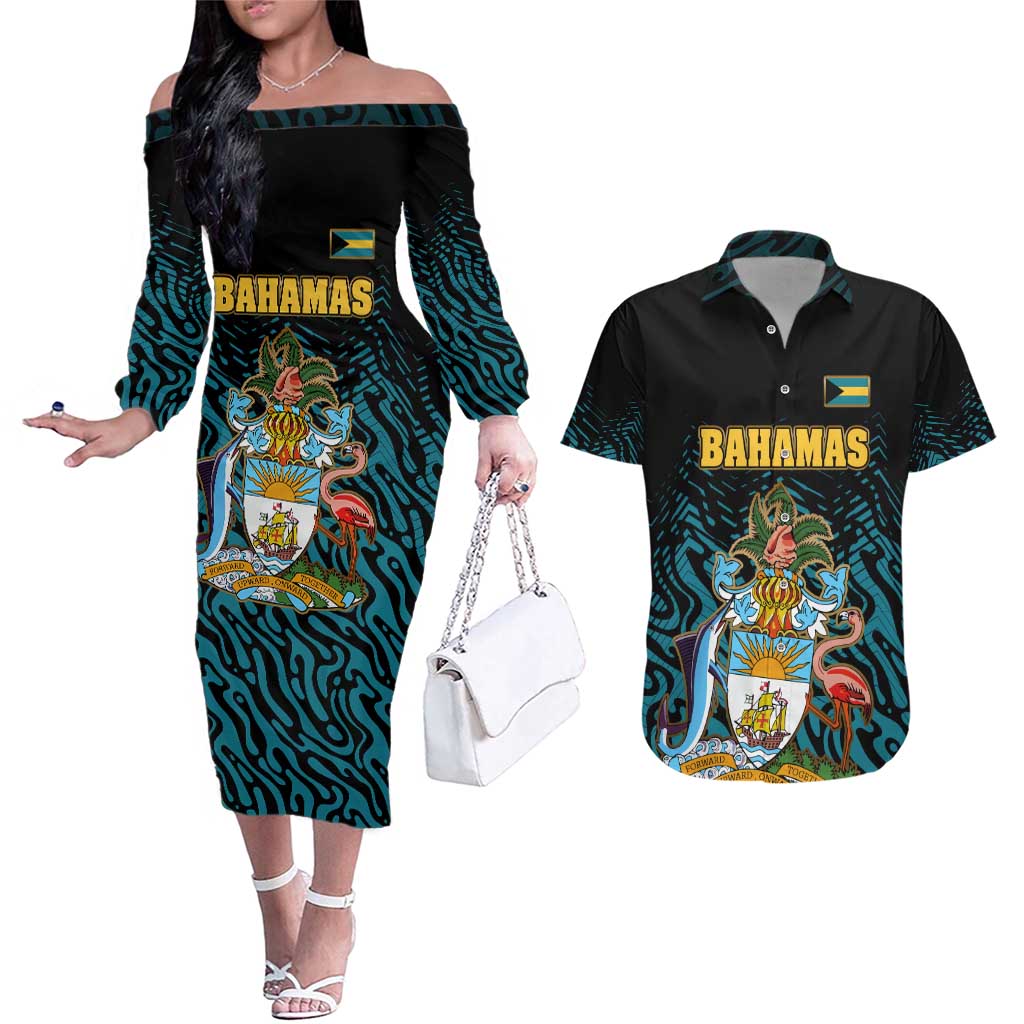 Bahamas Coat of Arms and Flag Couples Matching Off The Shoulder Long Sleeve Dress and Hawaiian Shirt with Blue Coral Pattern and Marlin Crest - Wonder Print Shop