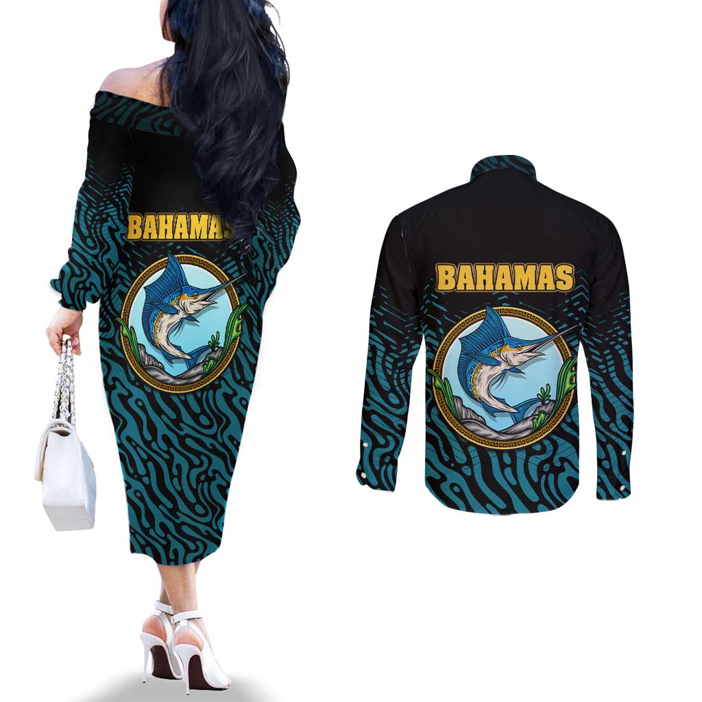 Bahamas Coat of Arms and Flag Couples Matching Off The Shoulder Long Sleeve Dress and Long Sleeve Button Shirt with Blue Coral Pattern and Marlin Crest - Wonder Print Shop