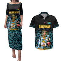 Bahamas Coat of Arms and Flag Couples Matching Puletasi and Hawaiian Shirt with Blue Coral Pattern and Marlin Crest - Wonder Print Shop