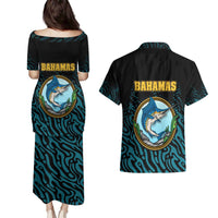 Bahamas Coat of Arms and Flag Couples Matching Puletasi and Hawaiian Shirt with Blue Coral Pattern and Marlin Crest - Wonder Print Shop