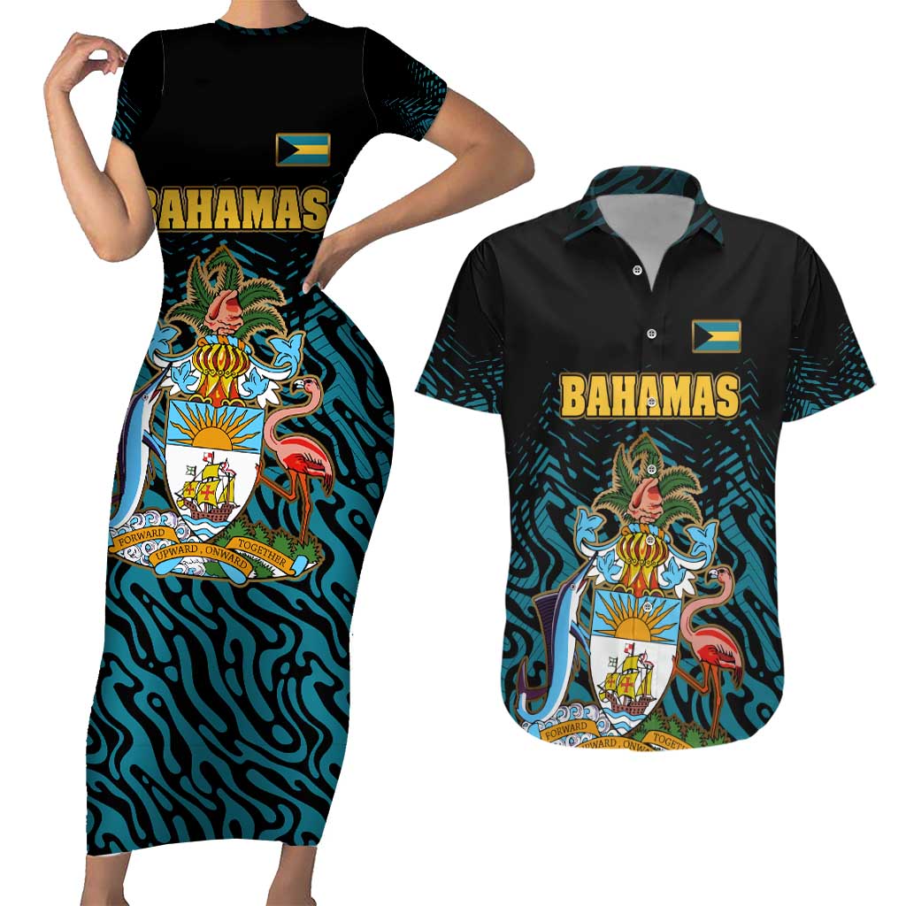 Bahamas Coat of Arms and Flag Couples Matching Short Sleeve Bodycon Dress and Hawaiian Shirt with Blue Coral Pattern and Marlin Crest - Wonder Print Shop