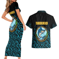 Bahamas Coat of Arms and Flag Couples Matching Short Sleeve Bodycon Dress and Hawaiian Shirt with Blue Coral Pattern and Marlin Crest - Wonder Print Shop