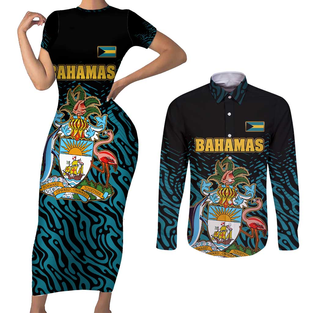 Bahamas Coat of Arms and Flag Couples Matching Short Sleeve Bodycon Dress and Long Sleeve Button Shirt with Blue Coral Pattern and Marlin Crest - Wonder Print Shop