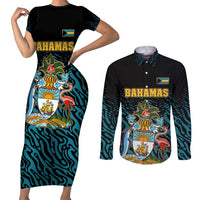 Bahamas Coat of Arms and Flag Couples Matching Short Sleeve Bodycon Dress and Long Sleeve Button Shirt with Blue Coral Pattern and Marlin Crest - Wonder Print Shop