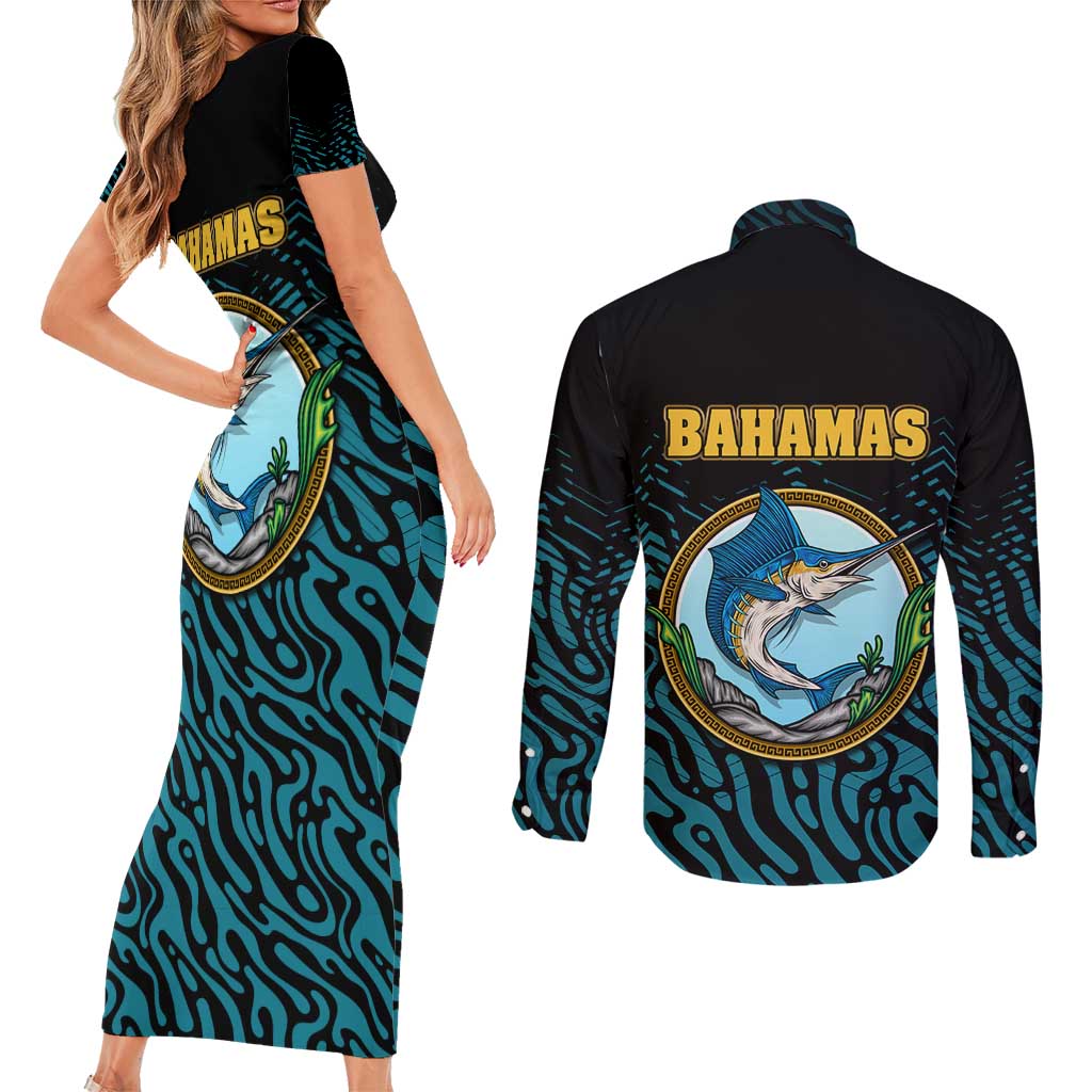 Bahamas Coat of Arms and Flag Couples Matching Short Sleeve Bodycon Dress and Long Sleeve Button Shirt with Blue Coral Pattern and Marlin Crest - Wonder Print Shop