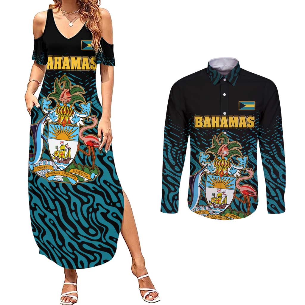 Bahamas Coat of Arms and Flag Couples Matching Summer Maxi Dress and Long Sleeve Button Shirt with Blue Coral Pattern and Marlin Crest - Wonder Print Shop