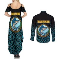 Bahamas Coat of Arms and Flag Couples Matching Summer Maxi Dress and Long Sleeve Button Shirt with Blue Coral Pattern and Marlin Crest - Wonder Print Shop