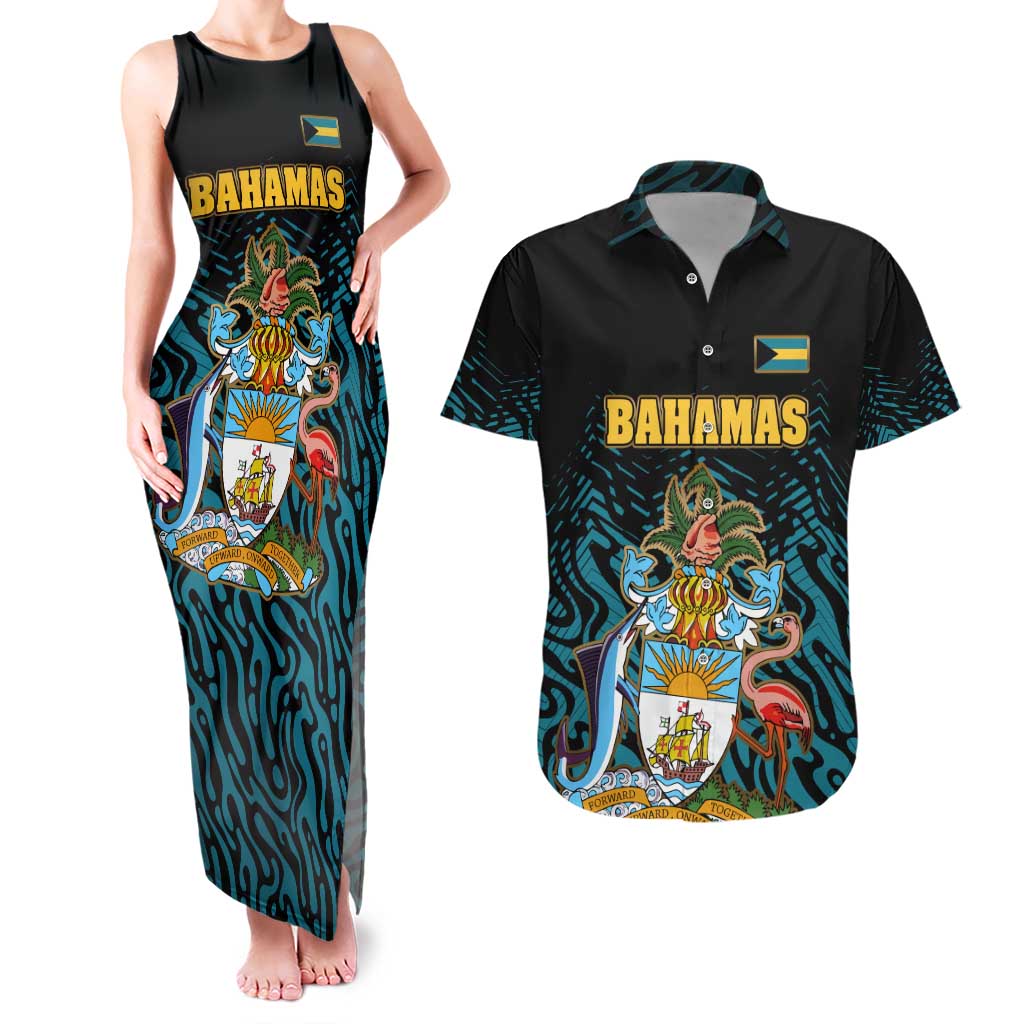 Bahamas Coat of Arms and Flag Couples Matching Tank Maxi Dress and Hawaiian Shirt with Blue Coral Pattern and Marlin Crest - Wonder Print Shop