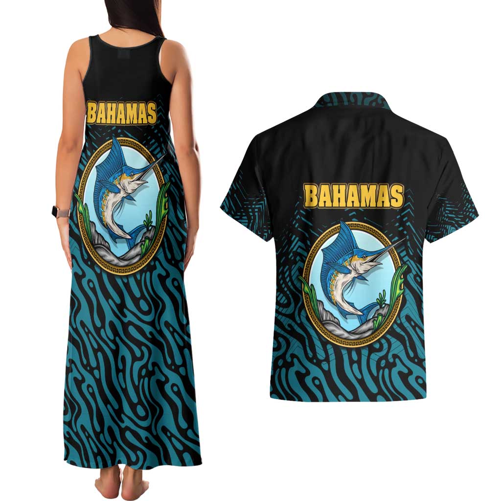Bahamas Coat of Arms and Flag Couples Matching Tank Maxi Dress and Hawaiian Shirt with Blue Coral Pattern and Marlin Crest - Wonder Print Shop