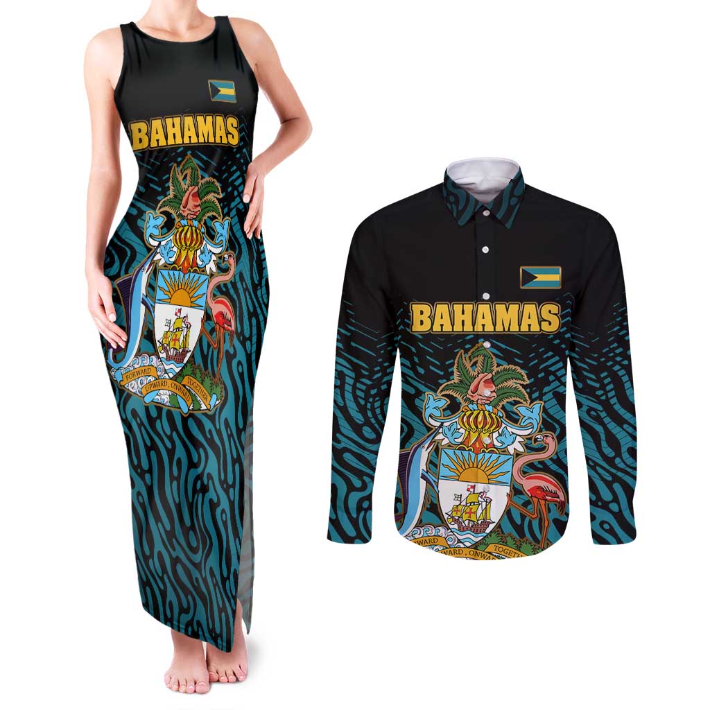Bahamas Coat of Arms and Flag Couples Matching Tank Maxi Dress and Long Sleeve Button Shirt with Blue Coral Pattern and Marlin Crest - Wonder Print Shop