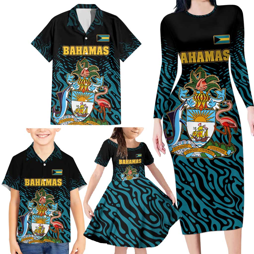 Bahamas Coat of Arms and Flag Family Matching Long Sleeve Bodycon Dress and Hawaiian Shirt with Blue Coral Pattern and Marlin Crest - Wonder Print Shop