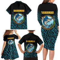 Bahamas Coat of Arms and Flag Family Matching Long Sleeve Bodycon Dress and Hawaiian Shirt with Blue Coral Pattern and Marlin Crest - Wonder Print Shop