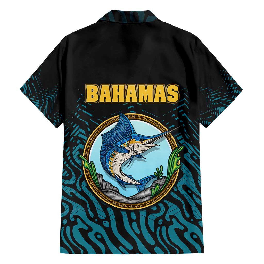 Bahamas Coat of Arms and Flag Family Matching Long Sleeve Bodycon Dress and Hawaiian Shirt with Blue Coral Pattern and Marlin Crest - Wonder Print Shop