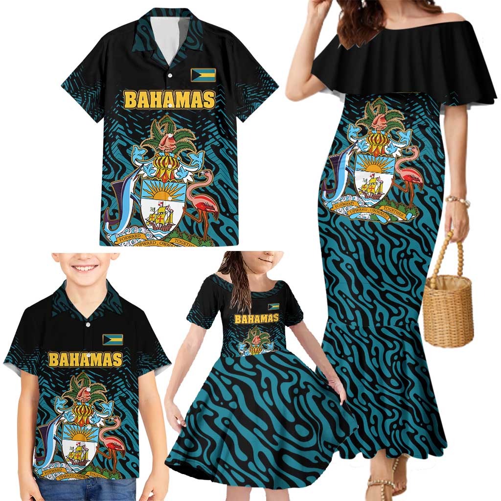 Bahamas Coat of Arms and Flag Family Matching Mermaid Dress and Hawaiian Shirt with Blue Coral Pattern and Marlin Crest - Wonder Print Shop