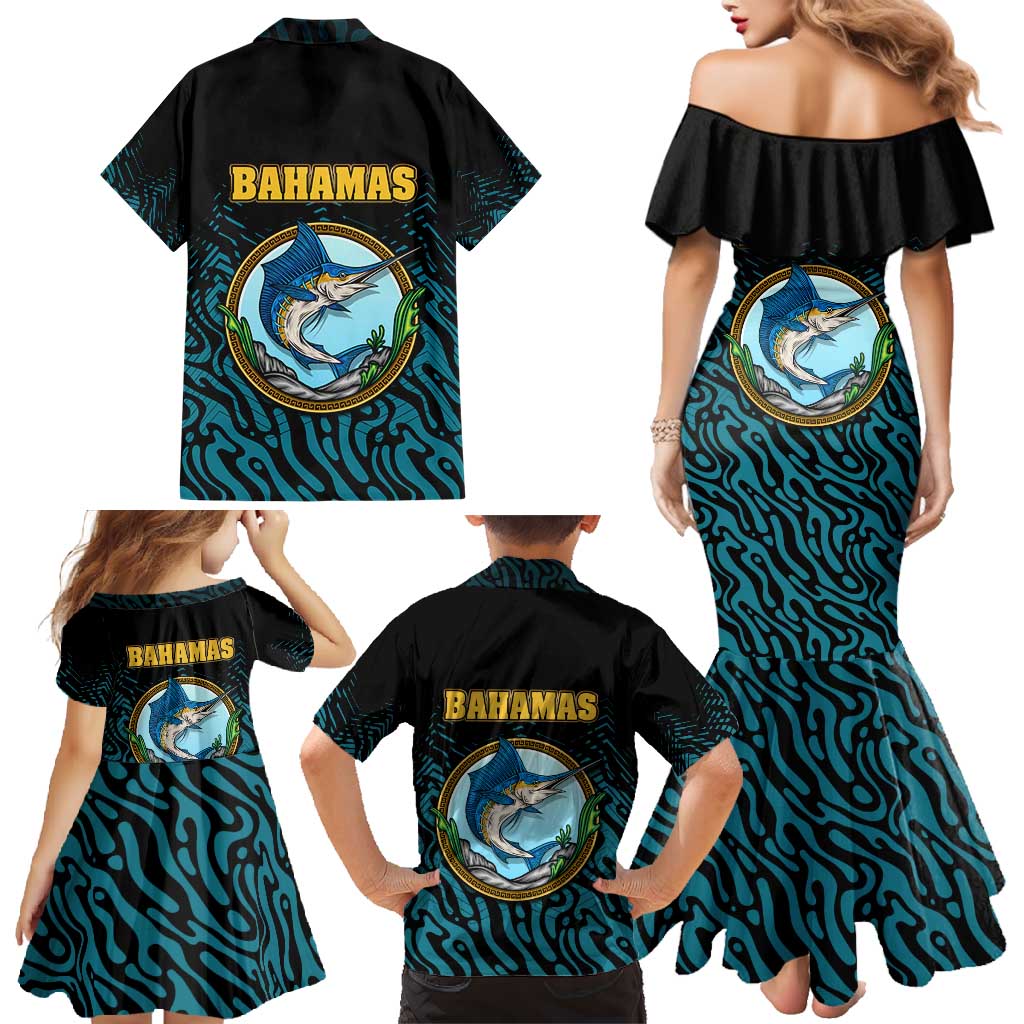 Bahamas Coat of Arms and Flag Family Matching Mermaid Dress and Hawaiian Shirt with Blue Coral Pattern and Marlin Crest - Wonder Print Shop