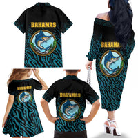 Bahamas Coat of Arms and Flag Family Matching Off The Shoulder Long Sleeve Dress and Hawaiian Shirt with Blue Coral Pattern and Marlin Crest - Wonder Print Shop