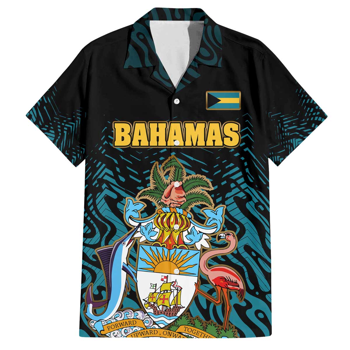 Bahamas Coat of Arms and Flag Family Matching Off The Shoulder Long Sleeve Dress and Hawaiian Shirt with Blue Coral Pattern and Marlin Crest - Wonder Print Shop