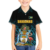 Bahamas Coat of Arms and Flag Family Matching Off The Shoulder Long Sleeve Dress and Hawaiian Shirt with Blue Coral Pattern and Marlin Crest - Wonder Print Shop