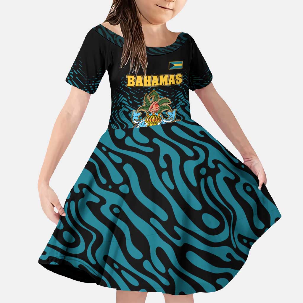 Bahamas Coat of Arms and Flag Family Matching Off Shoulder Maxi Dress and Hawaiian Shirt with Blue Coral Pattern and Marlin Crest - Wonder Print Shop