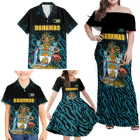 Bahamas Coat of Arms and Flag Family Matching Off Shoulder Maxi Dress and Hawaiian Shirt with Blue Coral Pattern and Marlin Crest - Wonder Print Shop