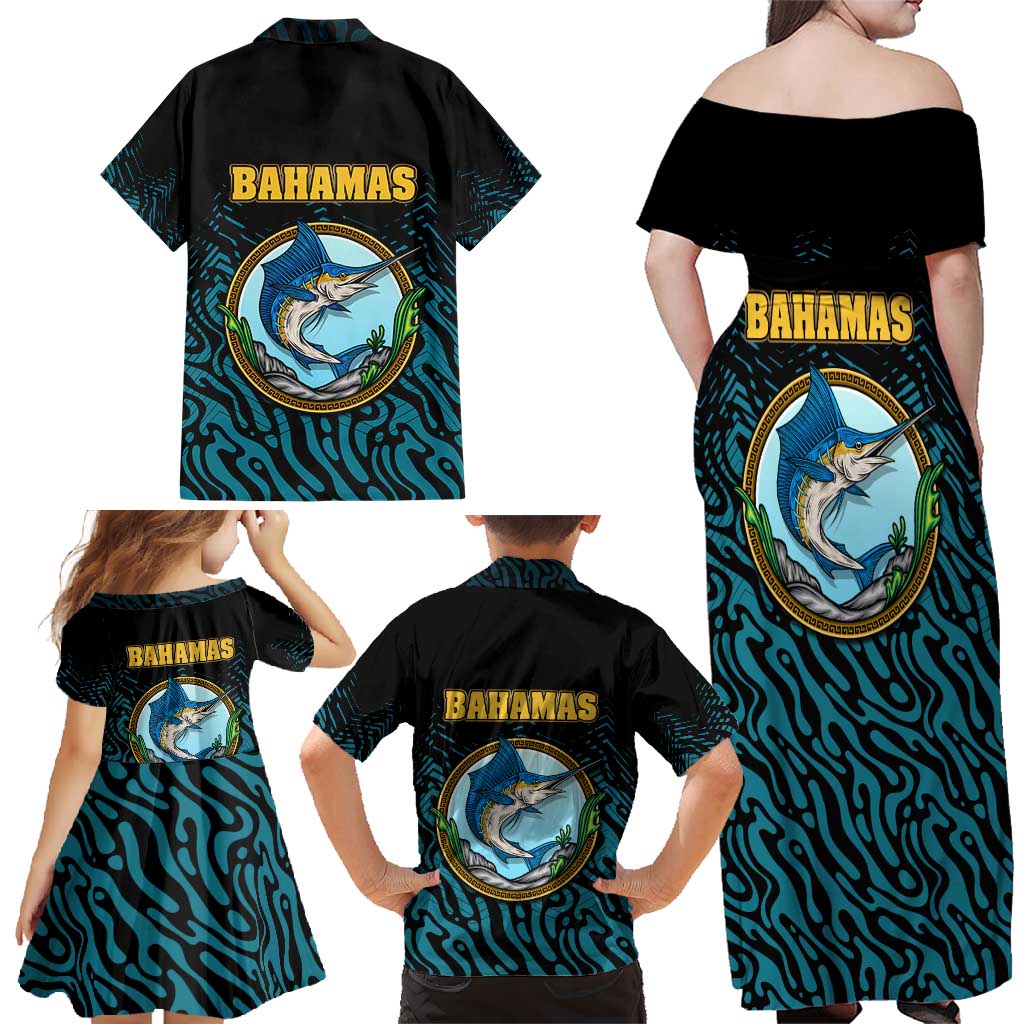 Bahamas Coat of Arms and Flag Family Matching Off Shoulder Maxi Dress and Hawaiian Shirt with Blue Coral Pattern and Marlin Crest - Wonder Print Shop