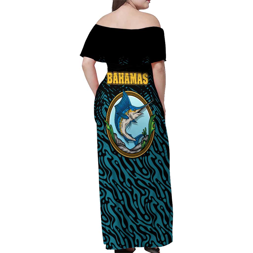 Bahamas Coat of Arms and Flag Family Matching Off Shoulder Maxi Dress and Hawaiian Shirt with Blue Coral Pattern and Marlin Crest - Wonder Print Shop