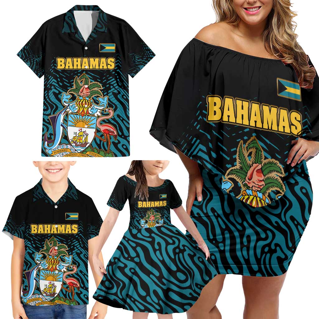 Bahamas Coat of Arms and Flag Family Matching Off Shoulder Short Dress and Hawaiian Shirt with Blue Coral Pattern and Marlin Crest - Wonder Print Shop