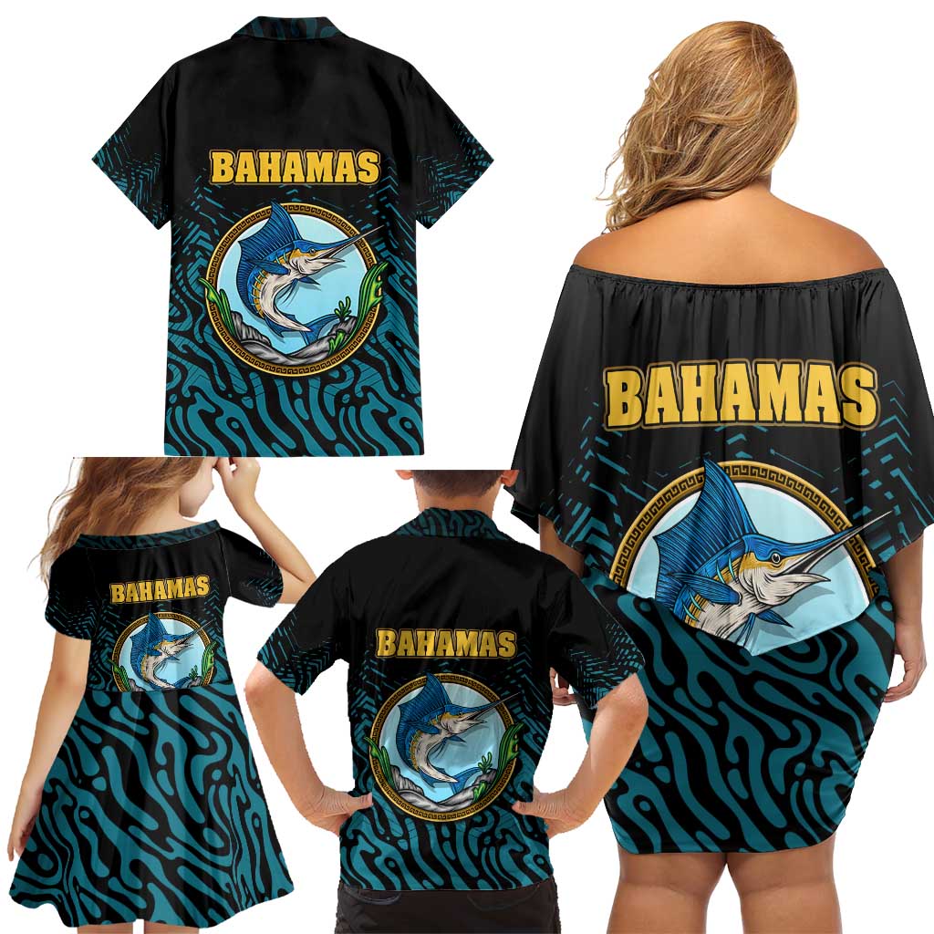 Bahamas Coat of Arms and Flag Family Matching Off Shoulder Short Dress and Hawaiian Shirt with Blue Coral Pattern and Marlin Crest - Wonder Print Shop