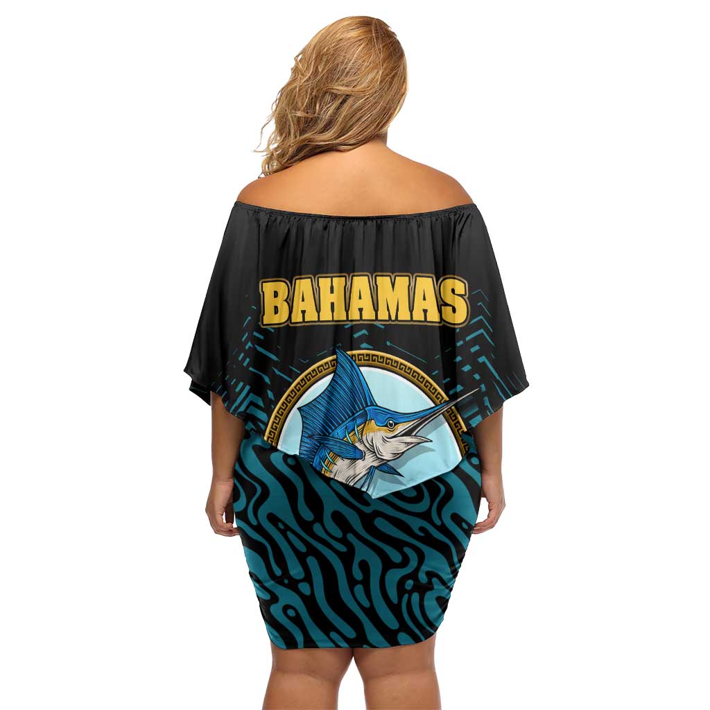 Bahamas Coat of Arms and Flag Family Matching Off Shoulder Short Dress and Hawaiian Shirt with Blue Coral Pattern and Marlin Crest - Wonder Print Shop