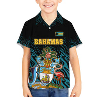 Bahamas Coat of Arms and Flag Family Matching Puletasi and Hawaiian Shirt with Blue Coral Pattern and Marlin Crest - Wonder Print Shop