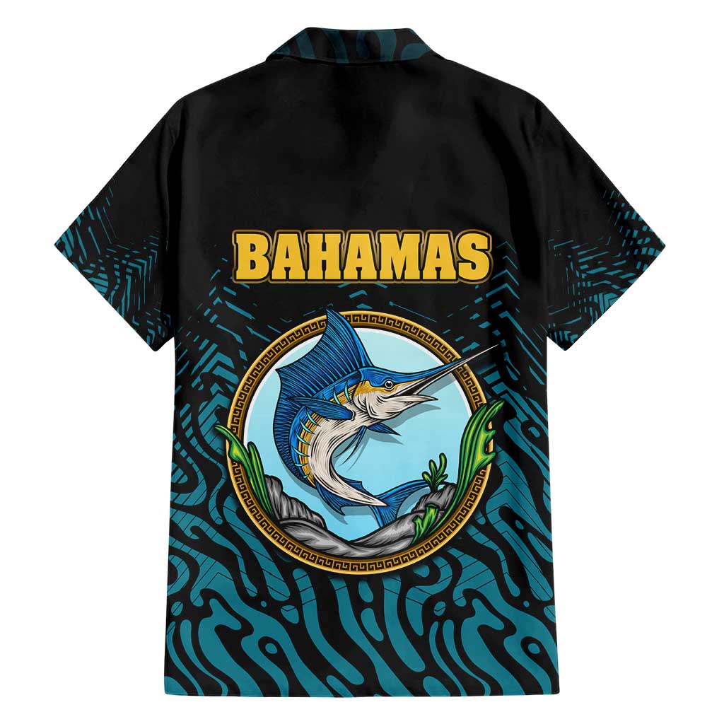 Bahamas Coat of Arms and Flag Family Matching Short Sleeve Bodycon Dress and Hawaiian Shirt with Blue Coral Pattern and Marlin Crest - Wonder Print Shop