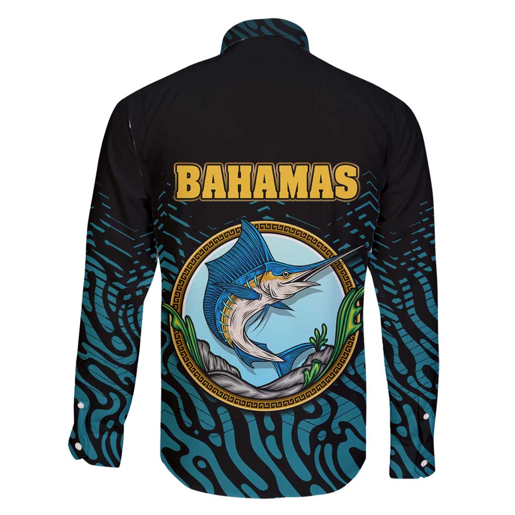 Bahamas Coat of Arms and Flag Family Matching Short Sleeve Bodycon Dress and Hawaiian Shirt with Blue Coral Pattern and Marlin Crest - Wonder Print Shop