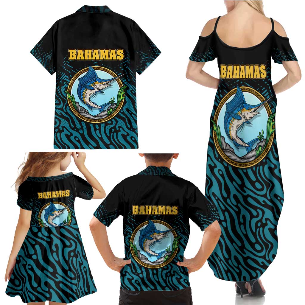 Bahamas Coat of Arms and Flag Family Matching Summer Maxi Dress and Hawaiian Shirt with Blue Coral Pattern and Marlin Crest - Wonder Print Shop