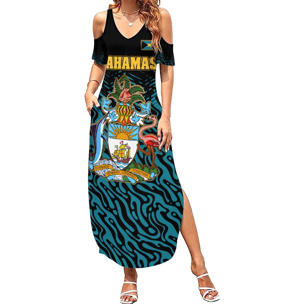 Bahamas Coat of Arms and Flag Family Matching Summer Maxi Dress and Hawaiian Shirt with Blue Coral Pattern and Marlin Crest - Wonder Print Shop