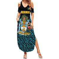 Bahamas Coat of Arms and Flag Family Matching Summer Maxi Dress and Hawaiian Shirt with Blue Coral Pattern and Marlin Crest - Wonder Print Shop