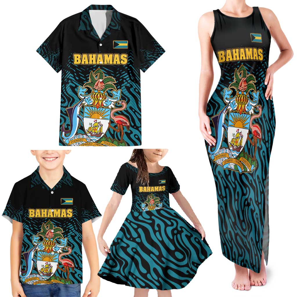 Bahamas Coat of Arms and Flag Family Matching Tank Maxi Dress and Hawaiian Shirt with Blue Coral Pattern and Marlin Crest - Wonder Print Shop