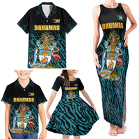 Bahamas Coat of Arms and Flag Family Matching Tank Maxi Dress and Hawaiian Shirt with Blue Coral Pattern and Marlin Crest - Wonder Print Shop