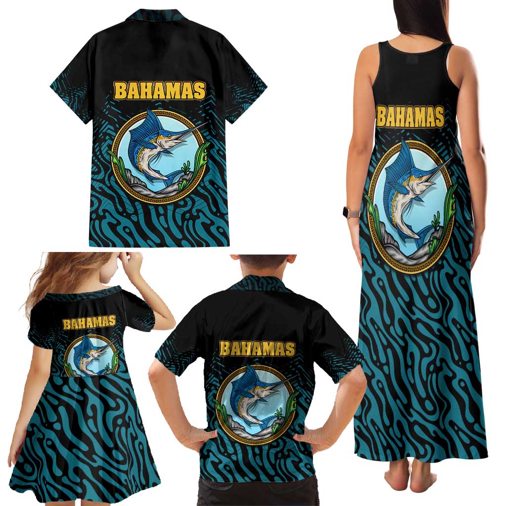 Bahamas Coat of Arms and Flag Family Matching Tank Maxi Dress and Hawaiian Shirt with Blue Coral Pattern and Marlin Crest - Wonder Print Shop