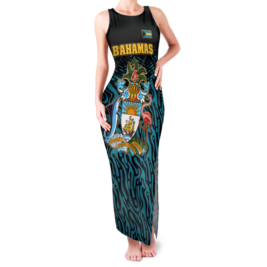 Bahamas Coat of Arms and Flag Family Matching Tank Maxi Dress and Hawaiian Shirt with Blue Coral Pattern and Marlin Crest - Wonder Print Shop