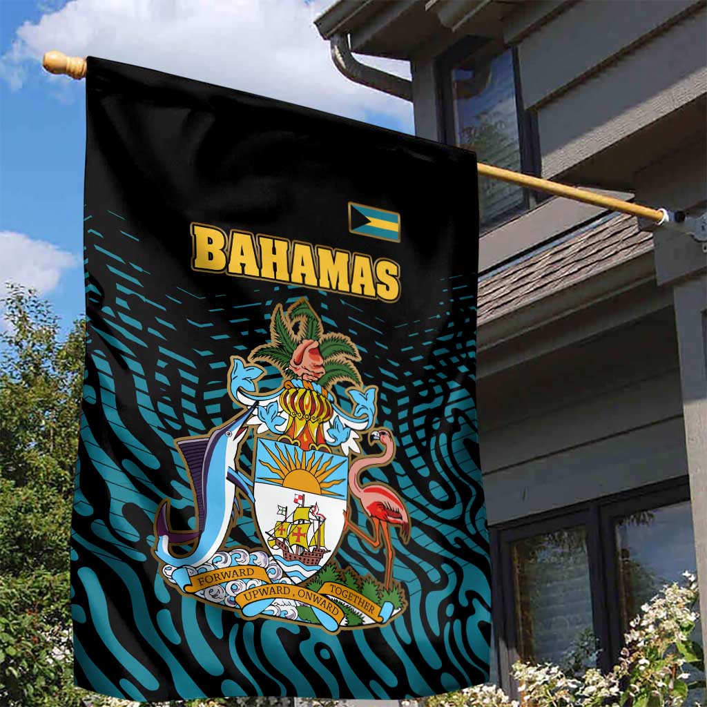 Bahamas Coat of Arms and Flag Garden Flag with Blue Coral Pattern and Marlin Crest - Wonder Print Shop