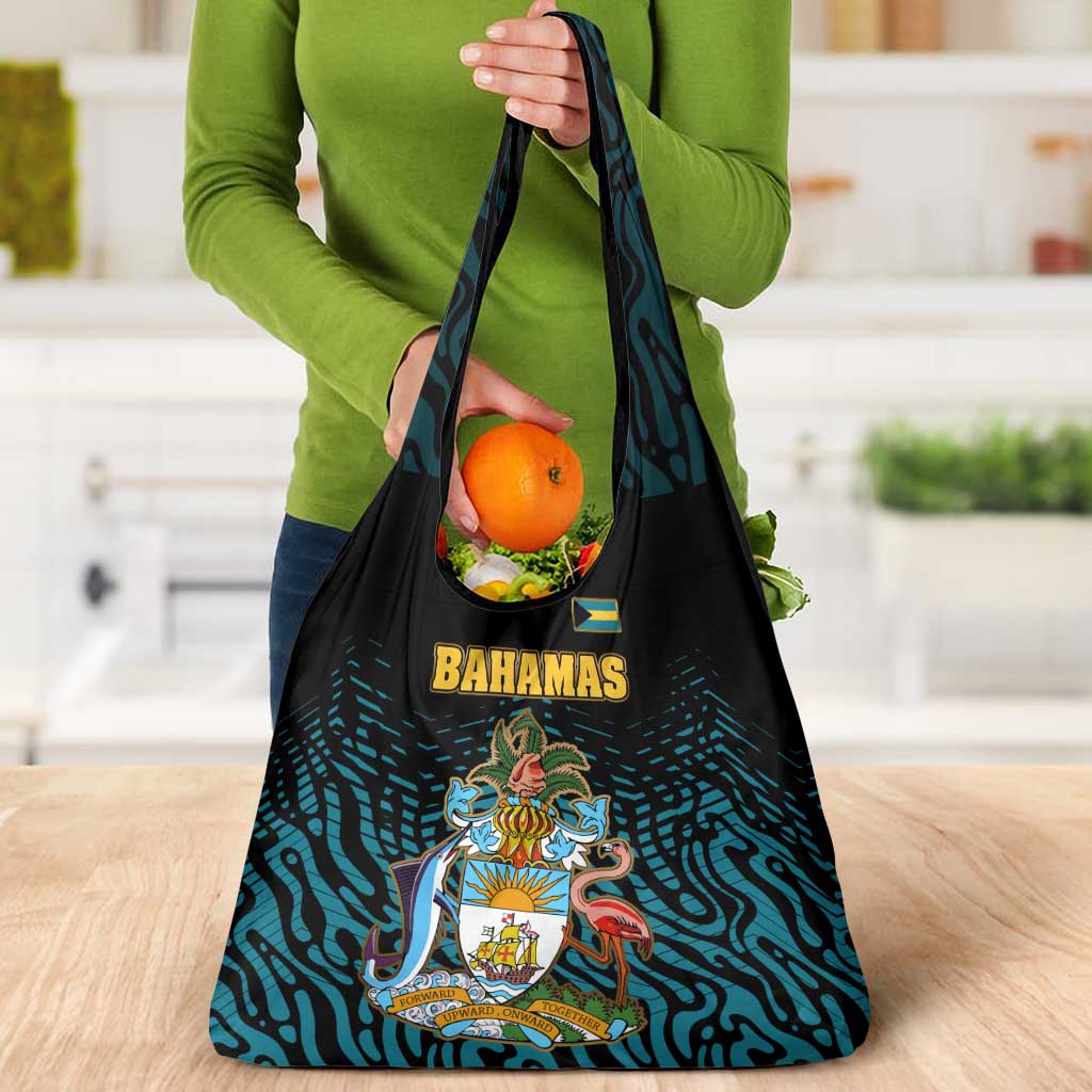 Bahamas Coat of Arms and Flag Grocery Bag with Blue Coral Pattern and Marlin Crest - Wonder Print Shop