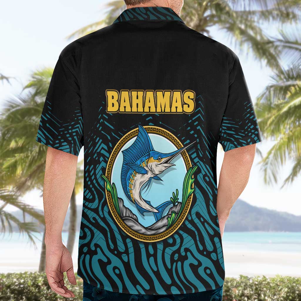 Bahamas Coat of Arms and Flag Hawaiian Shirt with Blue Coral Pattern and Marlin Crest - Wonder Print Shop