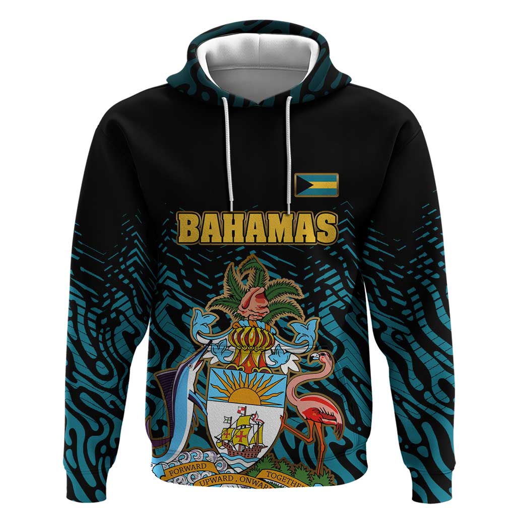 Bahamas Coat of Arms and Flag Hoodie with Blue Coral Pattern and Marlin Crest - Wonder Print Shop