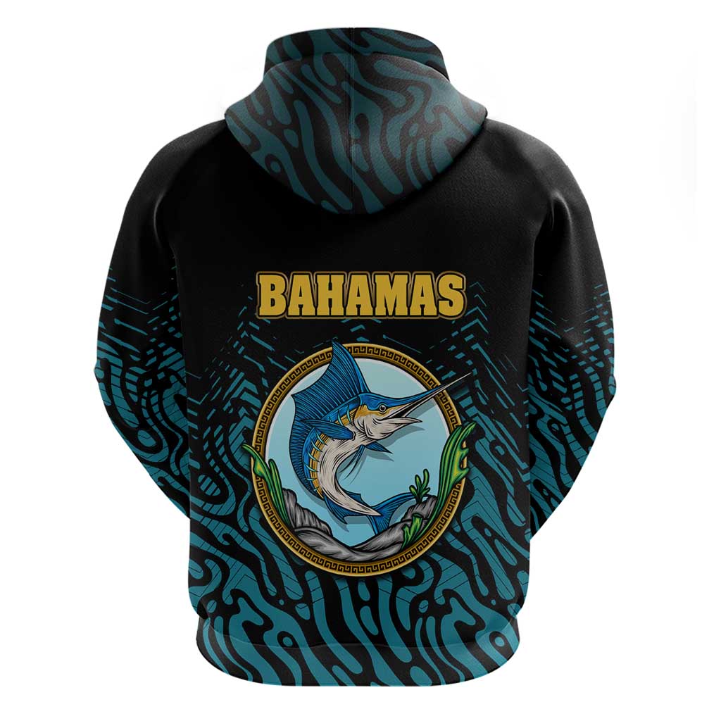 Bahamas Coat of Arms and Flag Hoodie with Blue Coral Pattern and Marlin Crest - Wonder Print Shop
