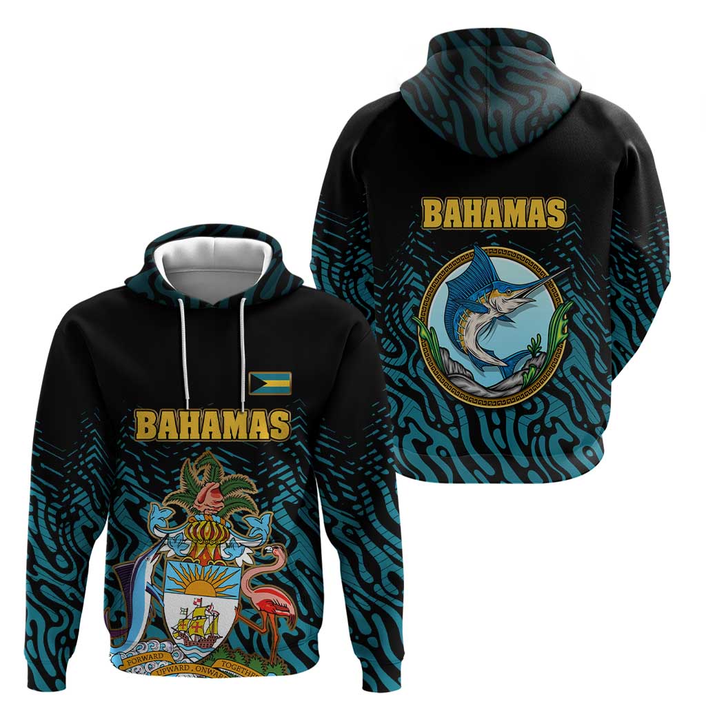 Bahamas Coat of Arms and Flag Hoodie with Blue Coral Pattern and Marlin Crest - Wonder Print Shop